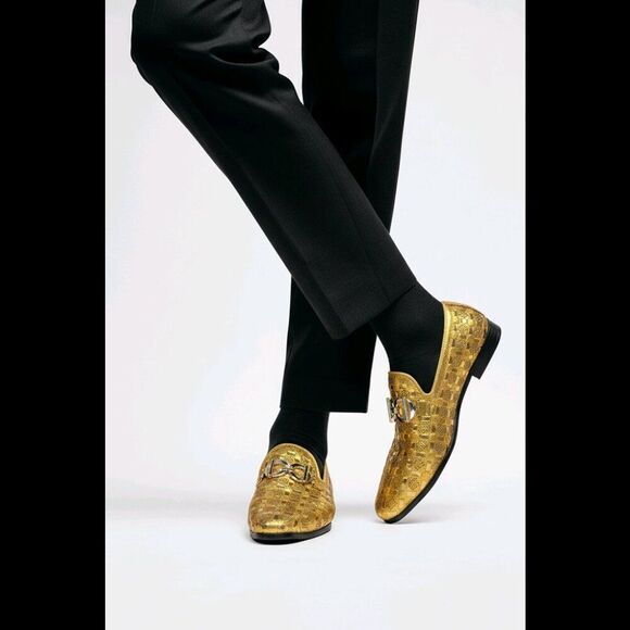 Enzo Romeo Men’s Gold Metallic Woven Rhinestone Loafers Horsebit Size 8 main image 7
